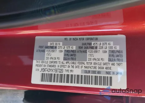 2019 Mazda Cx-5 Touring z USA, uszkodzony, nr VIN JM3KFACM1K1687229